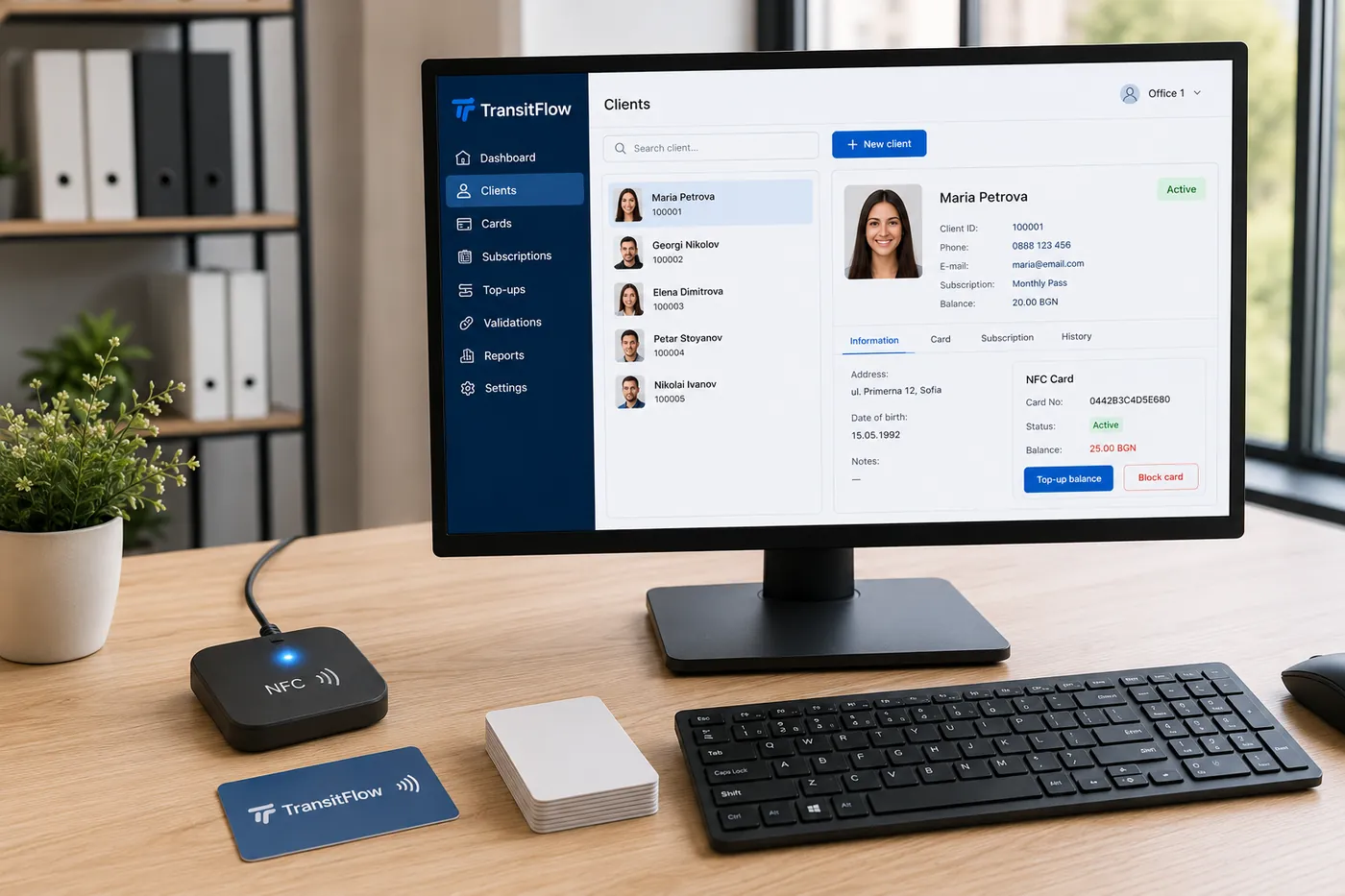 Регистрация на клиент през настолната програма на TransitFlow със свързан NFC четец